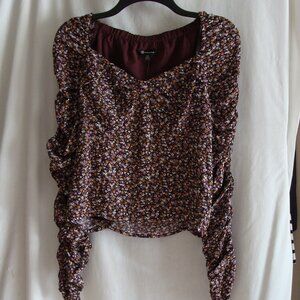 Dark Purple/Multi FLORAL Long RUCHED Sleeve CROP Length BLOUSE Sz M by VERSONA